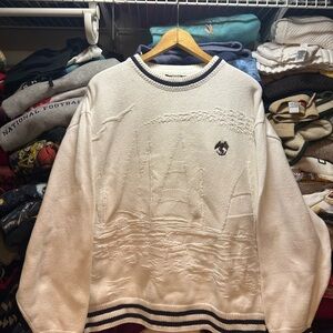 Vintage 90s White Sailboat Nautical Scene Textured Knit Made in USA Preppy XL